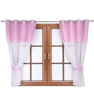 Zestaw firan duo z woalu i tkaniny w różowe groszki Hania wzór E2 kropki