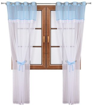 Wiązana firana duo błękitna z woalu ozdobiona gipiurą Cudka