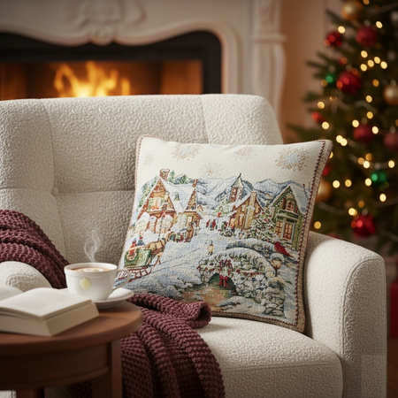 Świąteczna poszewka gobelinowa w stylu rustykalnym ośnieżona wioska