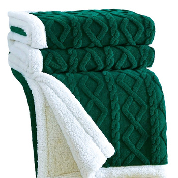 Gruby koc z barankiem narzuta pled ciepły dwustronny  wytłaczany butelkowa zieleń
