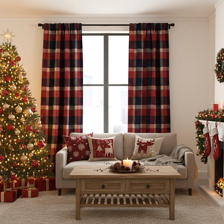 Zasłona świąteczna w kratkę granatowo bordową dekoracja okna boże narodzenie