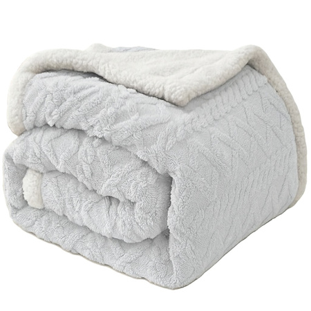 Gruby koc z barankiem narzuta pled ciepły dwustronny  wytłaczany jasny szary