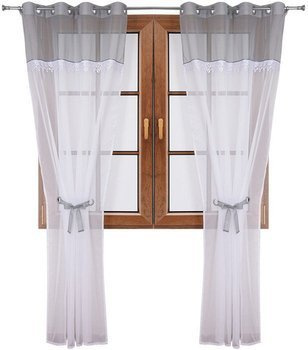 Wiązana firana duo szara z woalu ozdobiona gipiurą Cudka