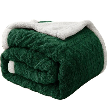 Gruby koc z barankiem narzuta pled ciepły dwustronny  wytłaczany butelkowa zieleń