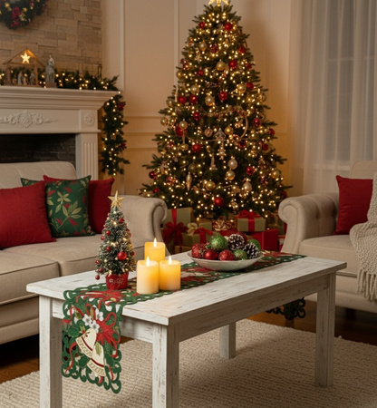 Świąteczny bieżnik zielony z złotymi dzwonkami i gwiazdą betlejemską