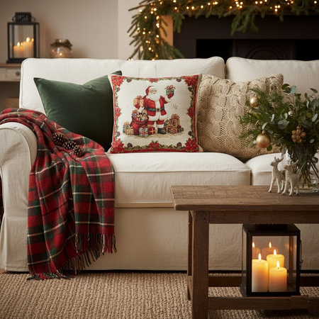 Świąteczna poszewka gobelinowa w stylu rustykalnym mikołaj z prezentami