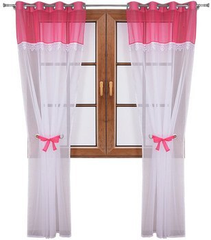 Wiązana firana duo ciemno rózowa z woalu ozdobiona gipiurą Cudka