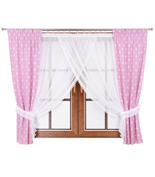 Komplet zasłon w kropki i firana z pluszowymi pomponami Lilo 8 różowe groszki
