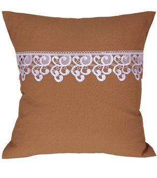 Poszewka z tkaniny matowej  ozdobiona gipiurą brązowa