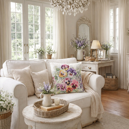 Poszewka dekoracyjna w kwiaty bratki wzór do salonu