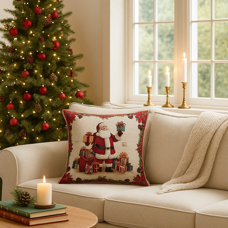 Świąteczna poszewka gobelinowa w stylu rustykalnym mikołaj z prezentami