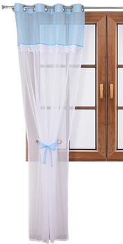 Wiązana firana duo błękitna z woalu ozdobiona gipiurą Cudka Sale S11