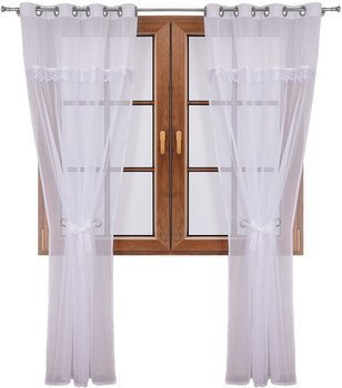 Wiązana firana duo biała z woalu ozdobiona gipiurą Cudka