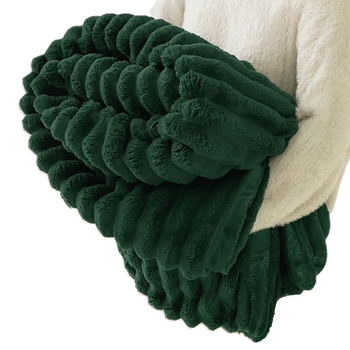 Puszysty gruby koc w prążki narzuta pled na łóżko wytłaczany miękki butelkowa zieleń premium