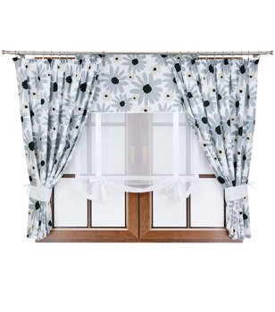 Komplet 2 zasłony szare kwiaty J1 panel z kokardkami Rubi IV