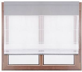 Roleta rzymska z białego woalu z pasem szarym z pomponami Lilo