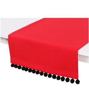 Ozdobny czerwony bieżnik z pluszowymi pomponami