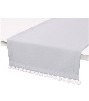 Ozdobny jasny szary bieżnik z pluszowymi pomponami