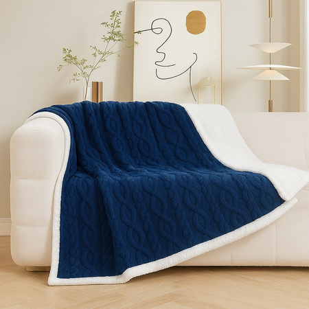 Gruby koc z barankiem narzuta pled ciepły dwustronny  wytłaczany granatowy
