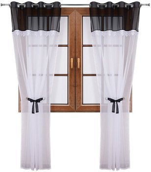 Wiązana firana duo czarna z woalu ozdobiona gipiurą Cudka