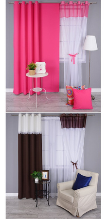 Wiązana firana duo fioletowa z woalu ozdobiona gipiurą Cudka 