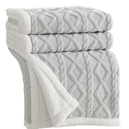 Gruby koc z barankiem narzuta pled ciepły dwustronny  wytłaczany jasny szary