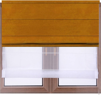 Roleta rzymska DUO z aksamitnego weluru musztardowa i białego woalu łańcuszek