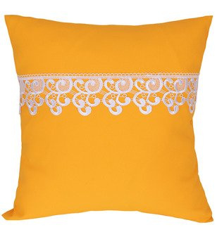 Poszewka z tkaniny matowej  ozdobiona gipiurą mocna żółta