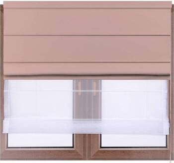 Podwójna  roleta DUO rzymska pudrowy róż z aksamitnego weluru i białego woalu