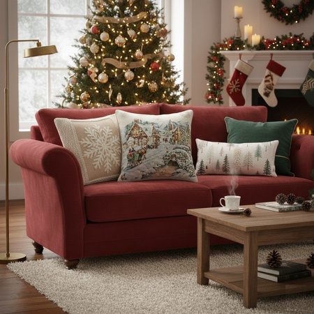 Świąteczna poszewka gobelinowa w stylu rustykalnym ośnieżona wioska