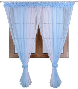 Firana duo z woalu Sevilla z ozdobną falbaną biało-błękitna