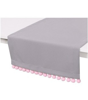 Ozdobny szary bieżnik z pluszowymi pomponami