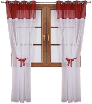 Wiązana firana duo bordowa z woalu ozdobiona gipiurą Cudka