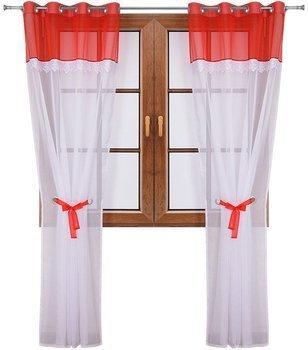 Wiązana firana duo czerwona z woalu ozdobiona gipiurą Cudka