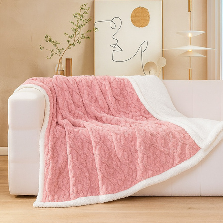 Gruby koc z barankiem narzuta pled ciepły dwustronny  wytłaczany pudrowy różowy