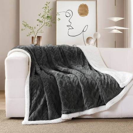 Gruby koc z barankiem narzuta pled ciepły dwustronny  wytłaczany ciemny szary