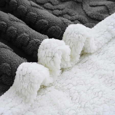 Gruby koc z barankiem narzuta pled ciepły dwustronny  wytłaczany ciemny szary