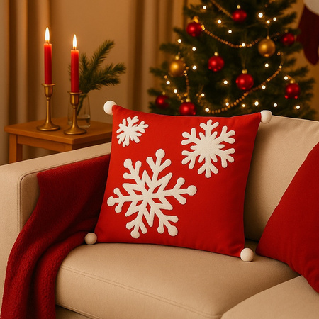 Poszewka świąteczna czerwona z wypukłymi śnieżynkami i pomponami