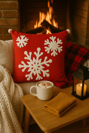 Poszewka świąteczna czerwona z wypukłymi śnieżynkami i pomponami