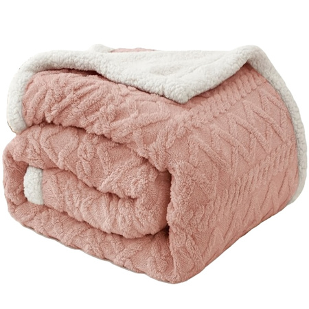 Gruby koc z barankiem narzuta pled ciepły dwustronny  wytłaczany pudrowy różowy