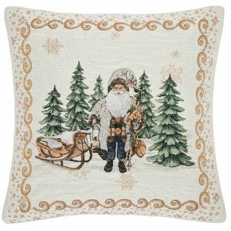 Świąteczna poszewka gobelinowa w stylu rustykalnym mikołaj w zimowym lesie